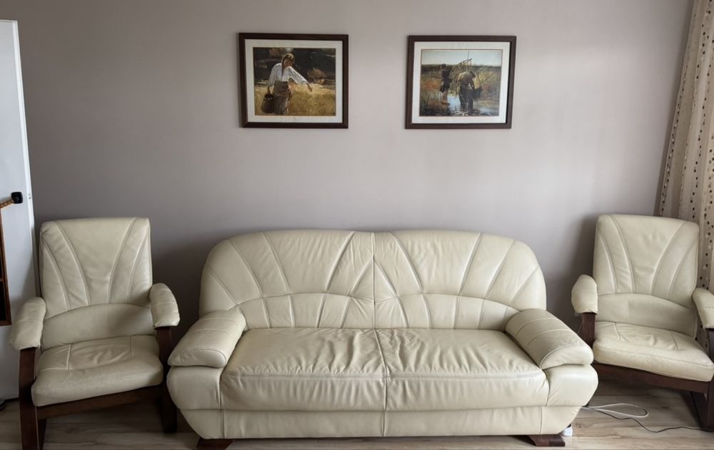 Sofa skórzana i dwa fotele