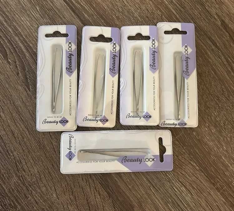 Pęseta srebrna skośna akcesoria do brwi komplet 5 sztuk Beauty Look