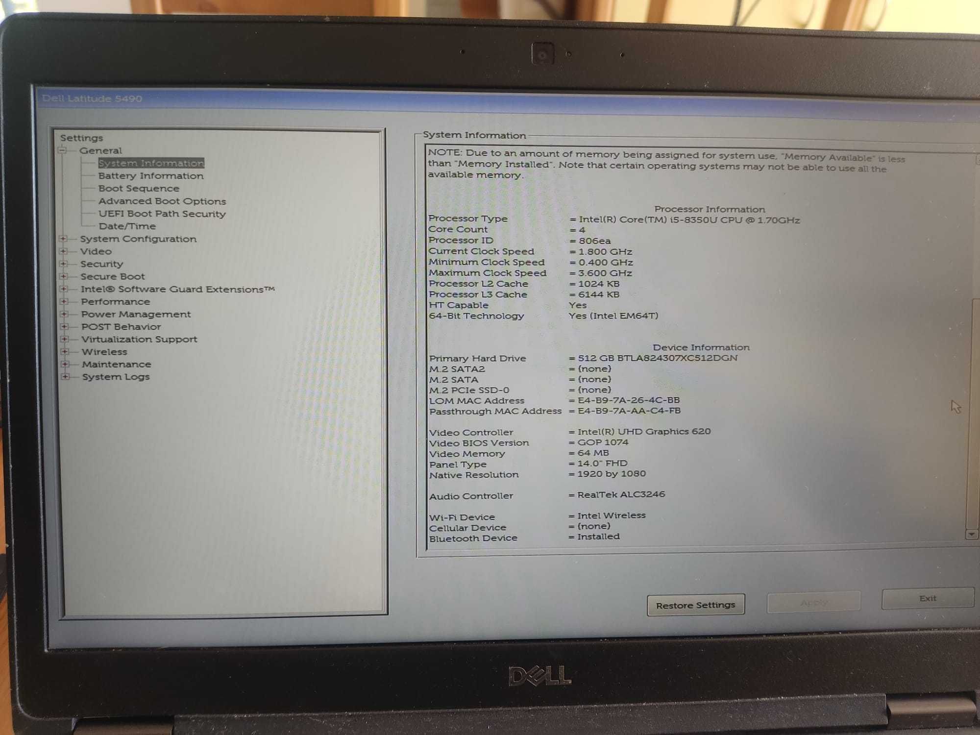 Dell e5490 i5 8th gen, 16GB RAM , 500 SSD