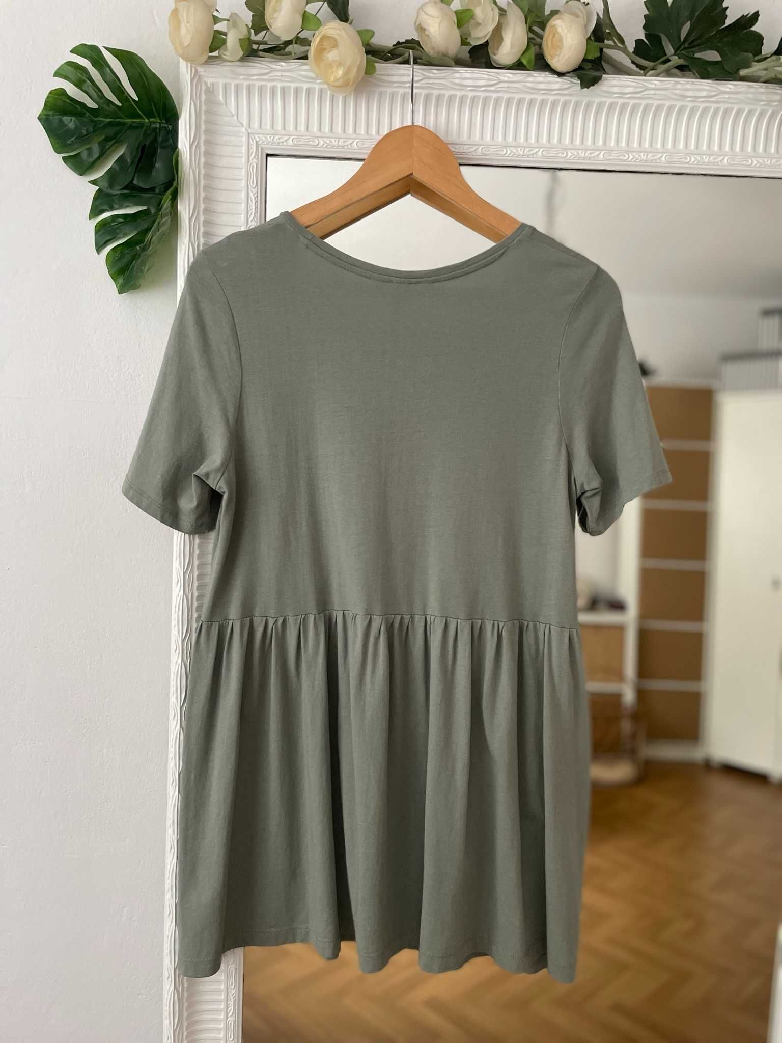 H&M mama T-shirt oliwkowy marszczenia długi tunika letni S 36 M 38