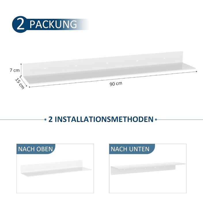 Białe pływające akrylowe półki do dekoracji ścian, zestaw 2 szt