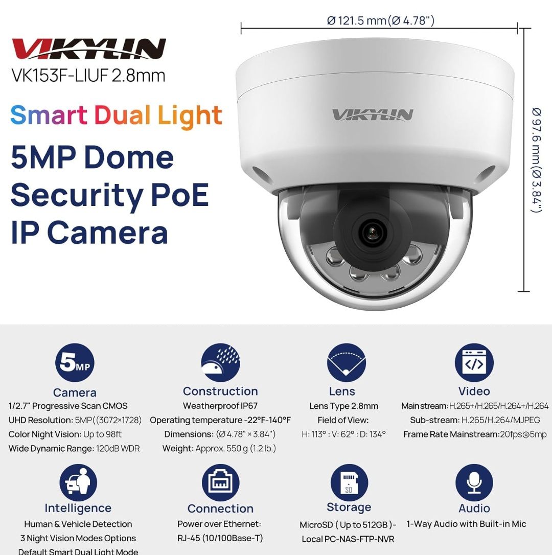 Kamera VIKYLIN 5MP VK153F PoE z inteligentnym wykrywaniem ludzi/pojazd