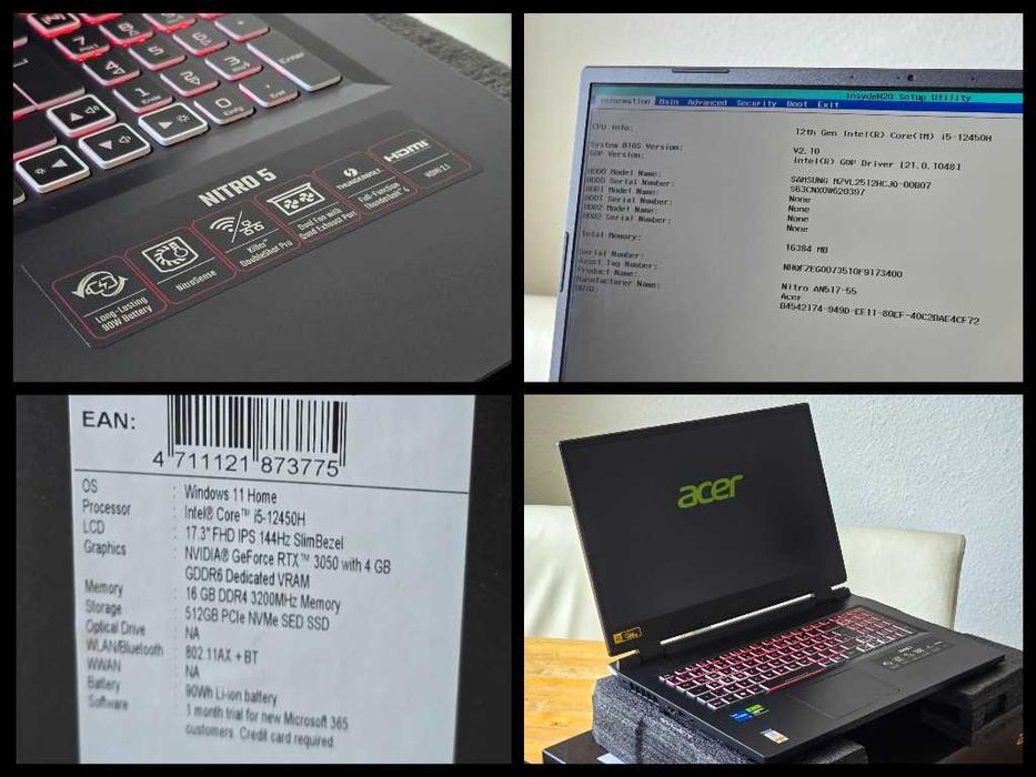 Ігровий ноутбук ACER Nitro 5, 17,3", Core i5 i5-12450H, 3050, 16/512Gb