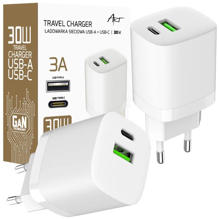 Ładowarka sieciowa ART GaN mocna 30W USB-C PD + USB QC AZ-U30W2