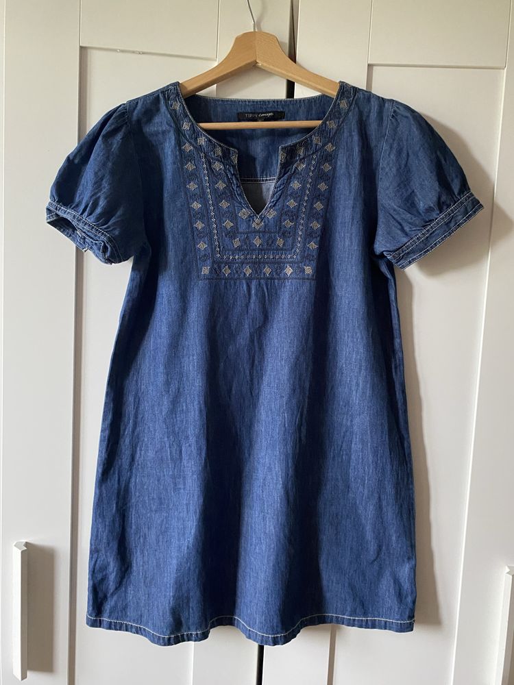 Jeansowa tunika boho z krótkim rękawem z lyocell S 36