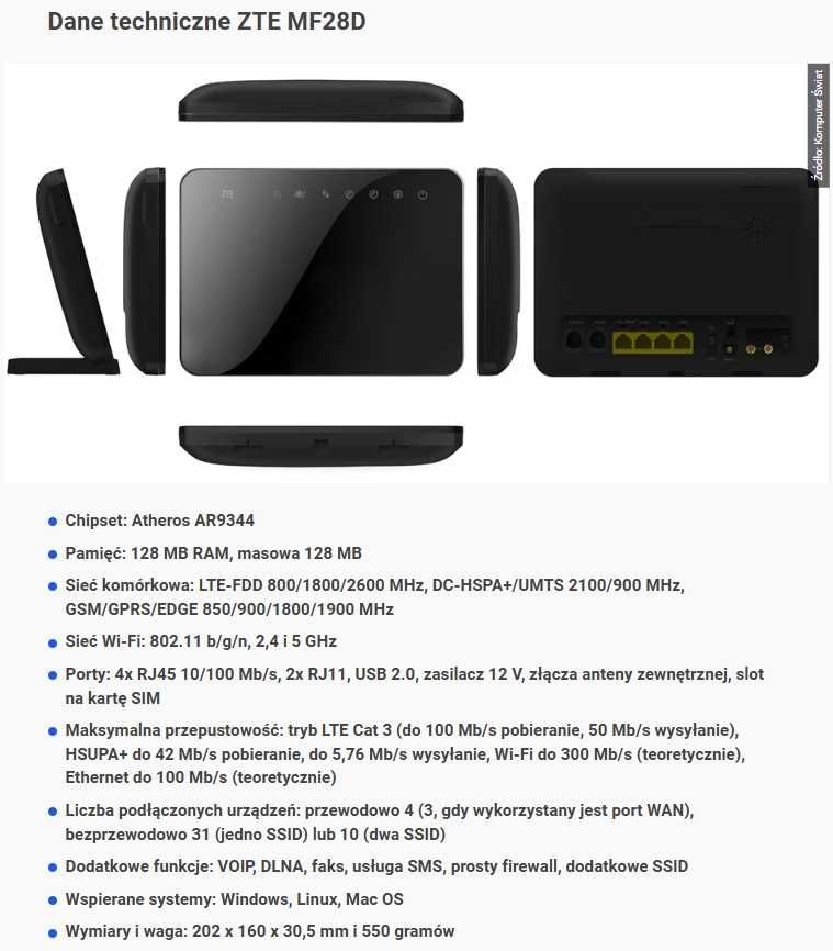 Router GSM 4G/UMTS ZTE MF28D LTE800/1800/2600MHz HSPA(+)/UMTS 900/2100