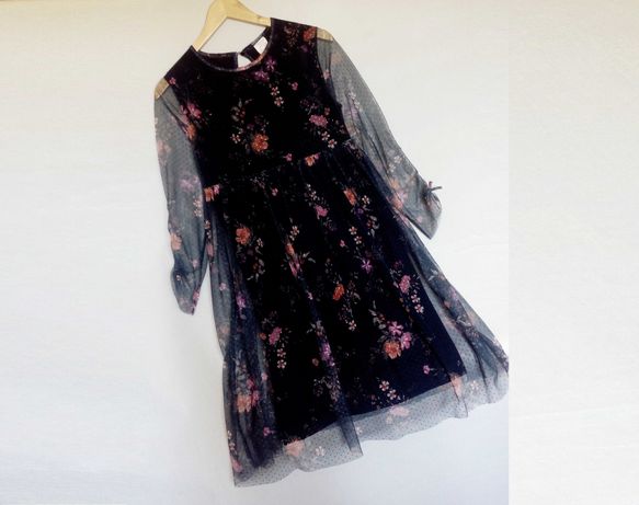 Zara черное платье с украшенной цветами сеткой, 11-12 лет, 152 рост
