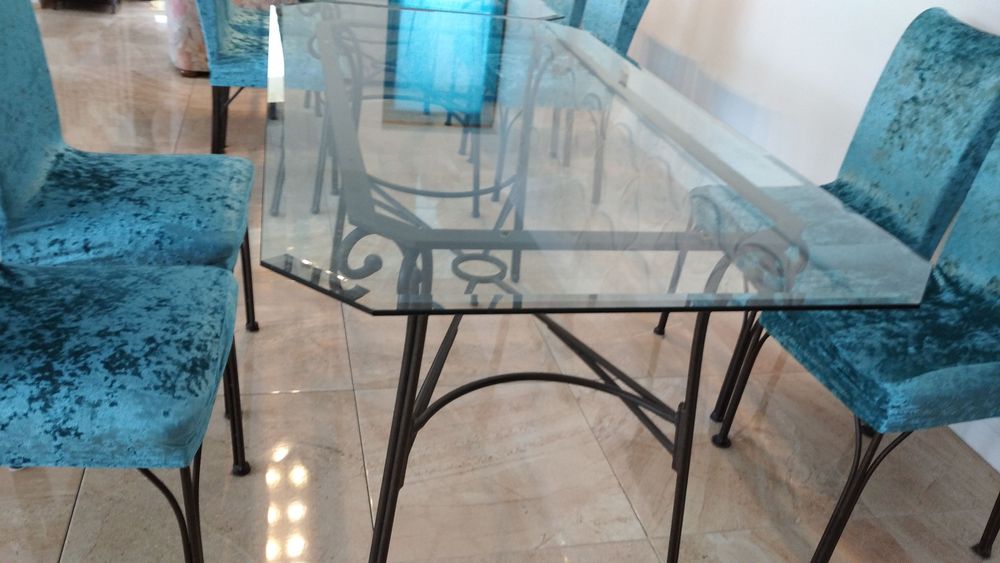 stół 175 cm duży szklany piękny + 6 krzesła metalowe tapicerowane