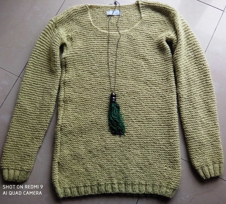 Ręcznie robiony sweter sukienka tunika 36 wełna alpaka pistacja handma