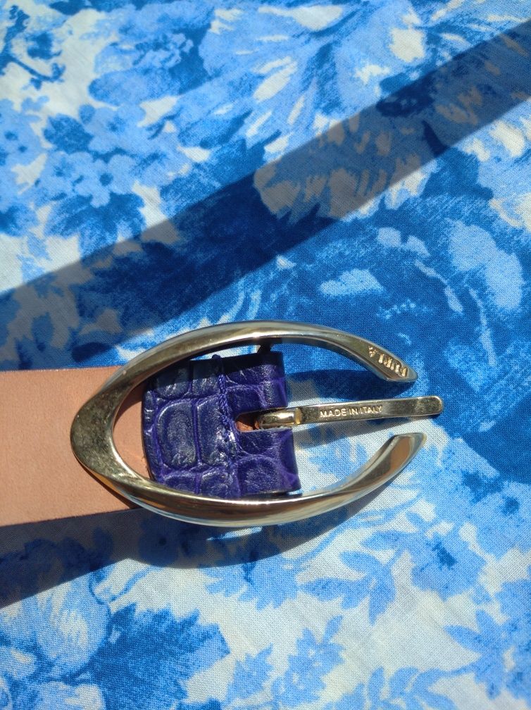 Вінтажний шкіряний ремінь Furla M синій із золотою пряжкою вінтаж пояс