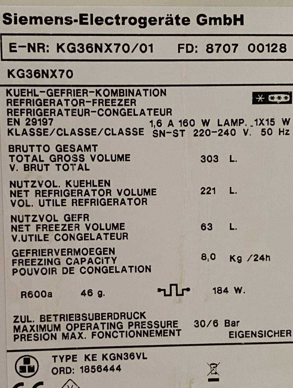 Холодильник Siemens KG36NX70/01 ( 185 см) з Європи