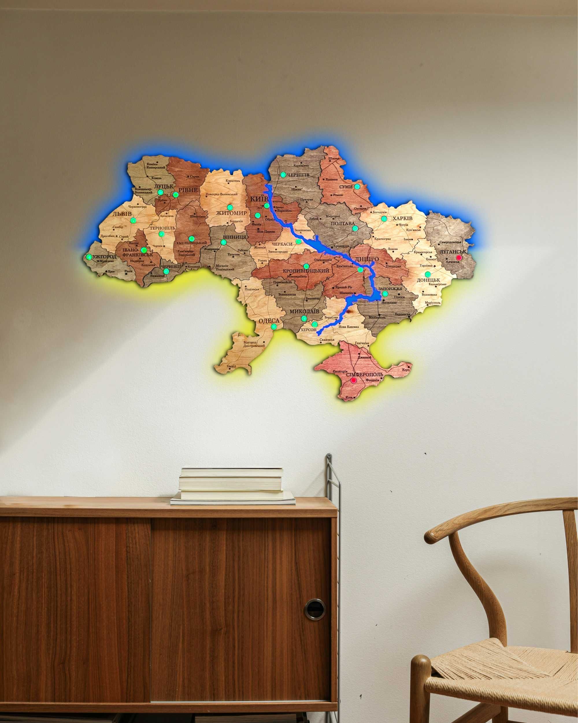 Карта тривог України | Дерев’яна карта з підсвіткою 50см х 33см
