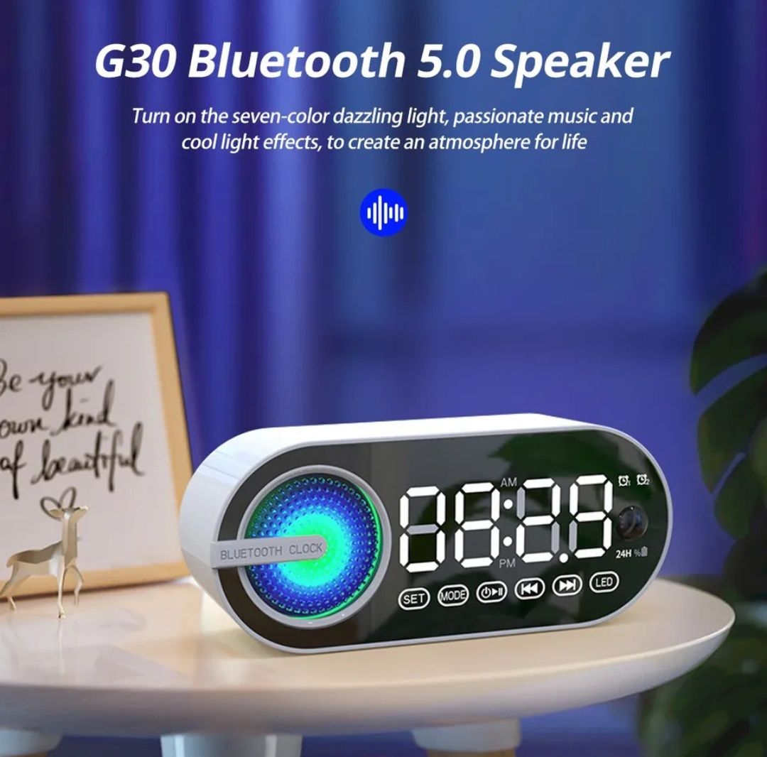 Głośnik Bluetooth zegar z budzikiem radio FM LED