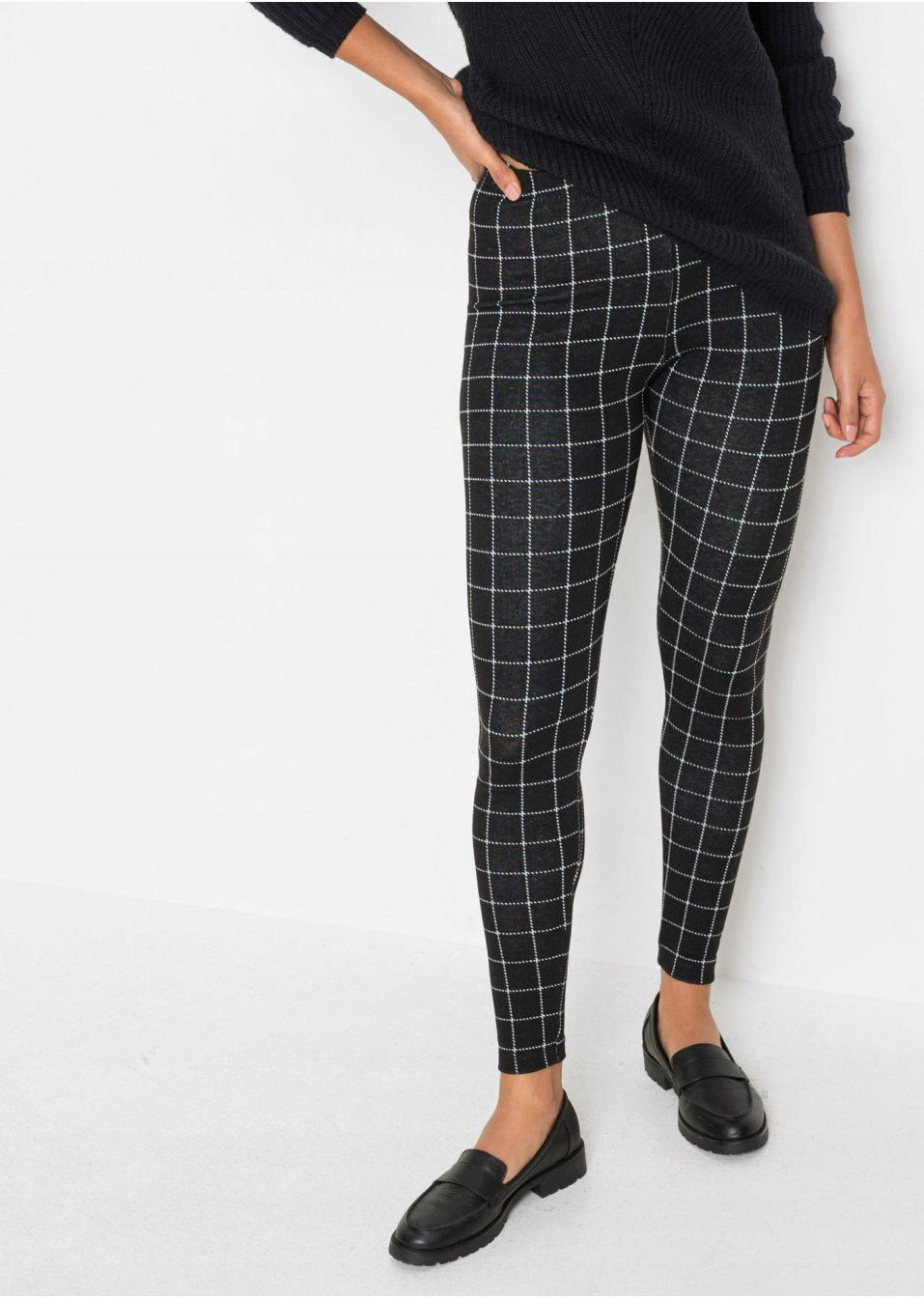 B.P.C legginsy czarne w białą kratę 32/34.