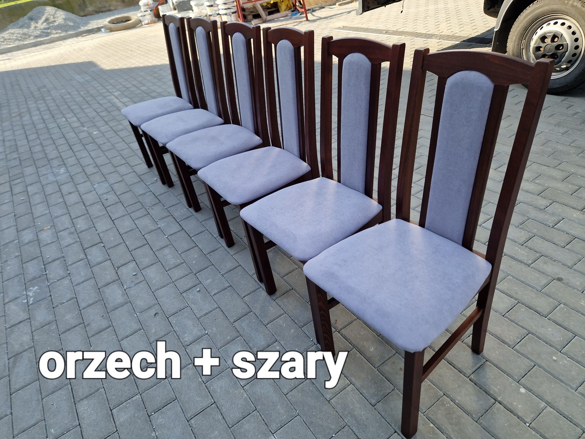 Nowe: Stół 80x140/180 + 6 krzeseł, orzech + szary, dostawa PL
