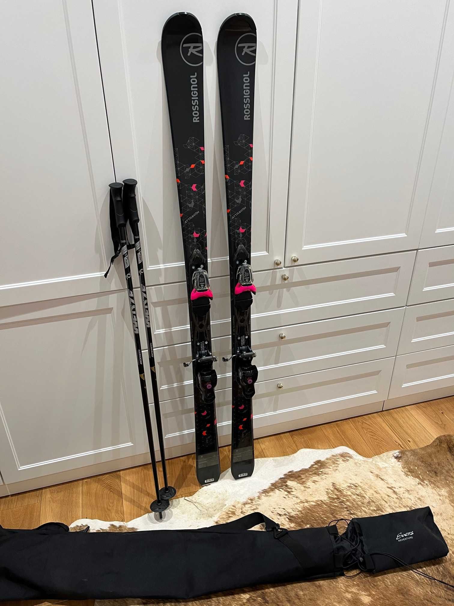 Nowe narty ROSSIGNOL Attraxion 162 CM z kijkami i pokrowcem na narty