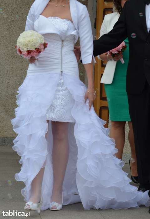 Oryginalna biała suknia ślubna z falbanami 2w1, świeżo po pralni