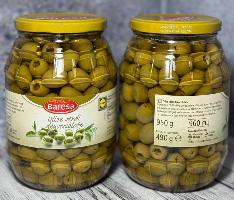 Оливки Baresa  зелені без кісточки 950/490 г