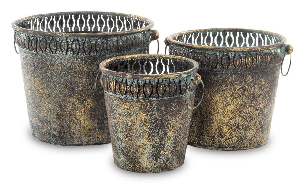 Złote Metalowe Postarzane Dekoracyjne Osłonki Doniczki Retro 142396