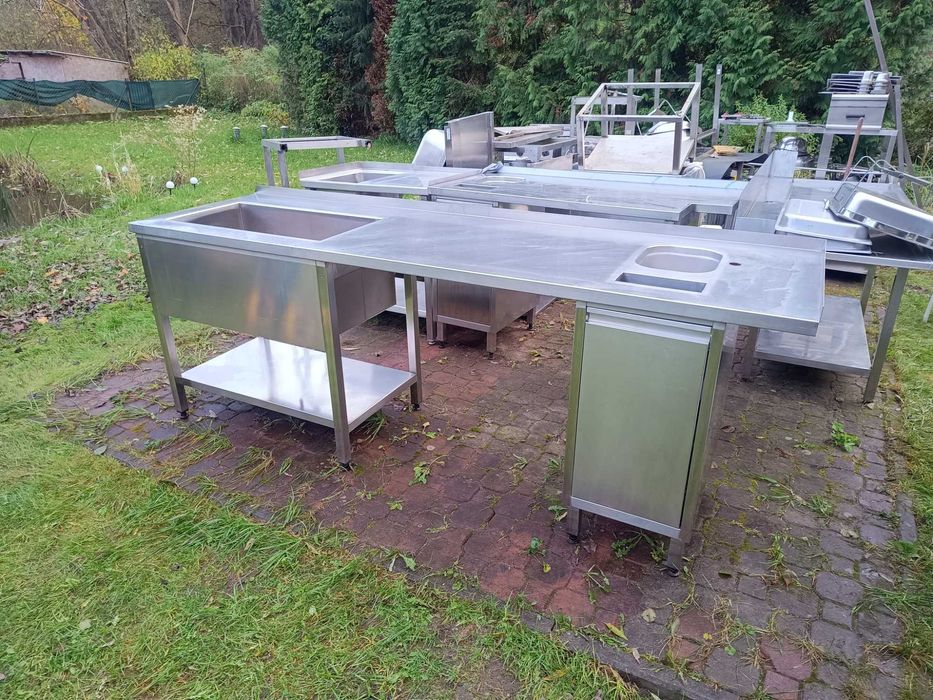 stół roboczy nierdzewny ze zlewami i koszem na odpadki 250cm