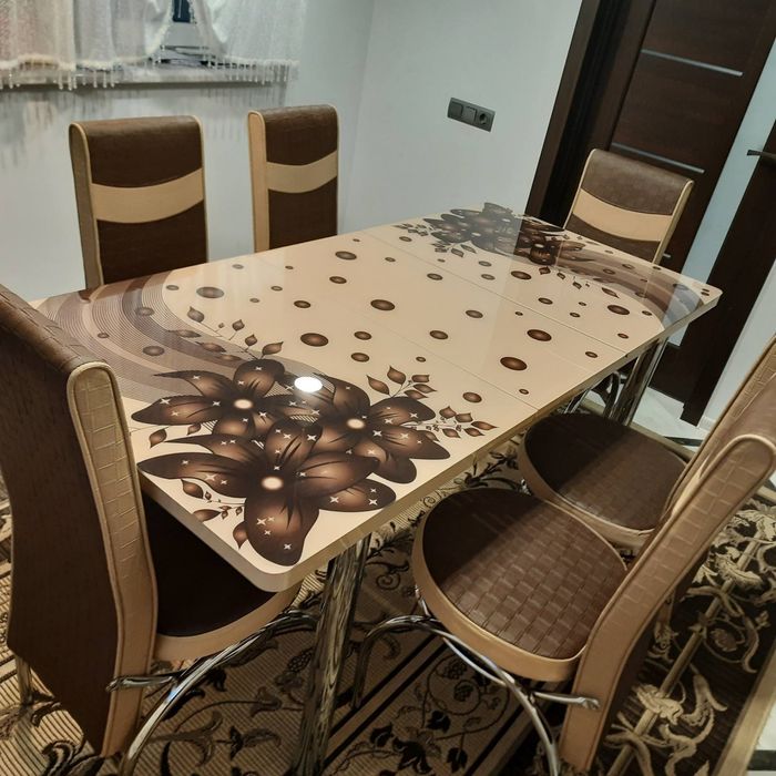 Обеденный кухонный стол раскладной + 4(6) стульев. Мрамор