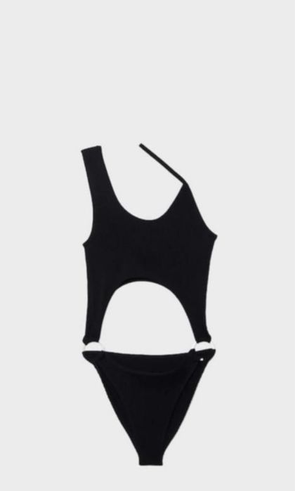 Чорний суцільний купаник в рубчик на одне плече Stradivarius