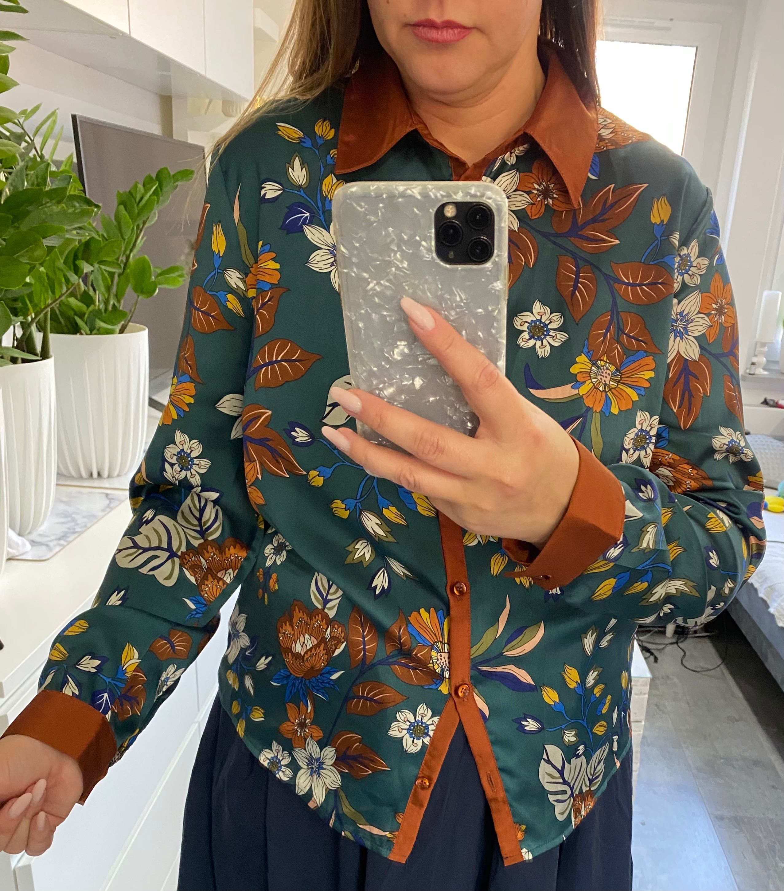 Bluzka Koszula butelkowa zieleń kwiaty  L -XL
