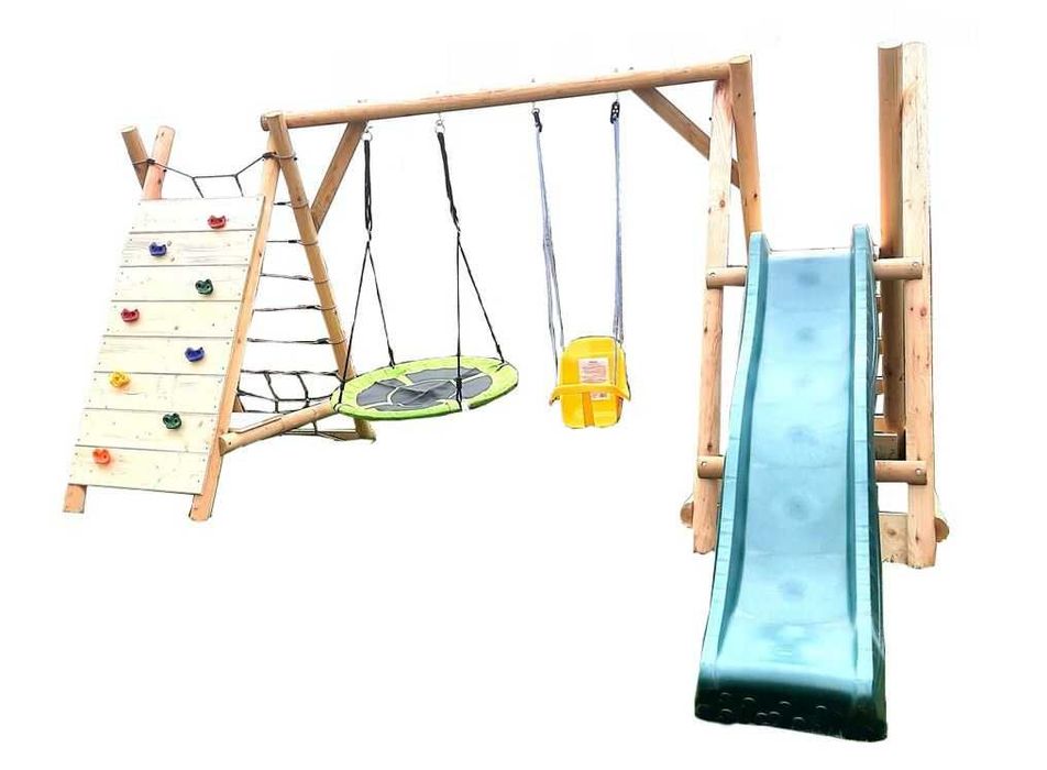 Drewniany Plac Zabaw do Ogrodu SMERF WYSOKA Ścianka Ślizg 2Huśtawki