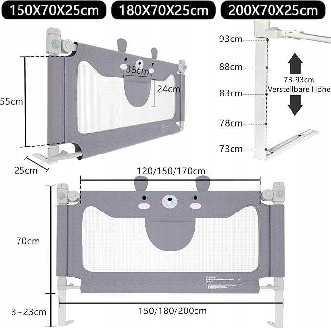 Barierka ochronna do łóżeczka dziecięcego 200 cm z regulacją wysokości