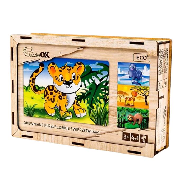 Puzzle 4W1 Drewniane Dzikie Zwierzęta Puzzleok