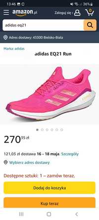 Nowe buty sportowe do biegania adidas damskie 37 i 1/3 23,5cm różowe