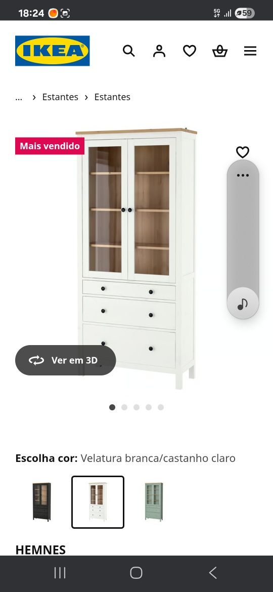 Vitrina com 3 gavetas com velatura branca, gama Hemnes IKEA
