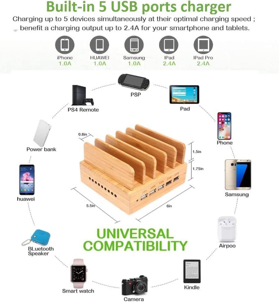 5 portów USB Stacja ładująca Bamboo