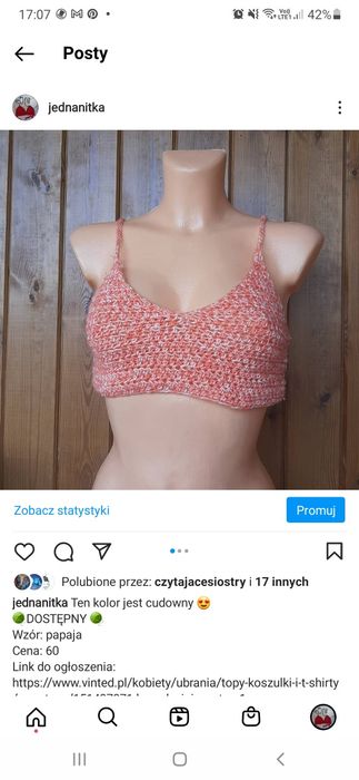 Brzoskwiniowo Biały top na ramiączkach na szydełku