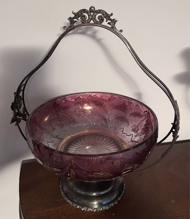 Rarytas posrebrzana patera na nodze ze szkalnym wkładem XIXw. J.Watts