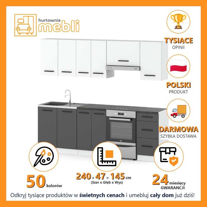 Zestaw Mebli Kuchennych Modułowych Mokka 2.4m Nowoczesna Kuchnia Blat