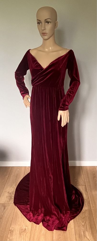 Suknia do sesji ciążowej welwetowa aksamitna amarant bordowa M L XL