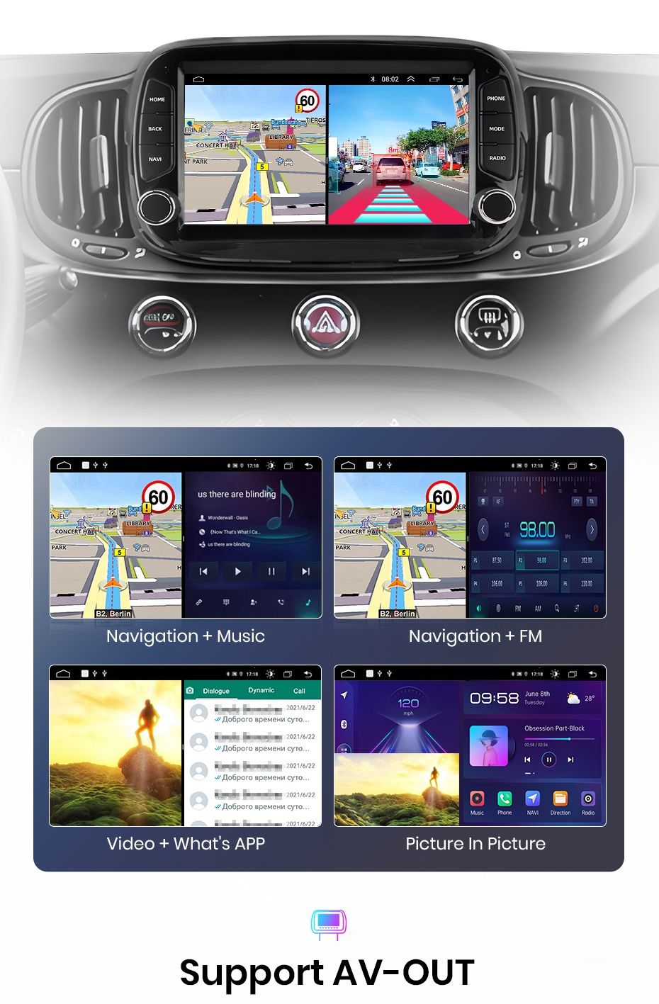 Rádio Android Fiat 500 de 2016-19 Carplay 2/32GB GPS wifi BT NOVO