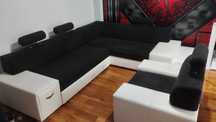 Extra Narożnik 270x205 z funkcją spania + Fotel +Pufa Biało-Czarny BDB