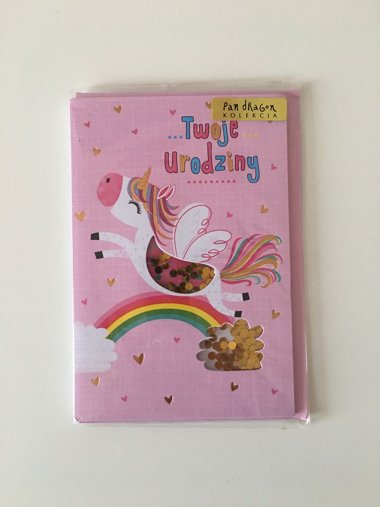 Kartka urodzinowa dla dziewczynki unicorn z confetti Pan Dragon