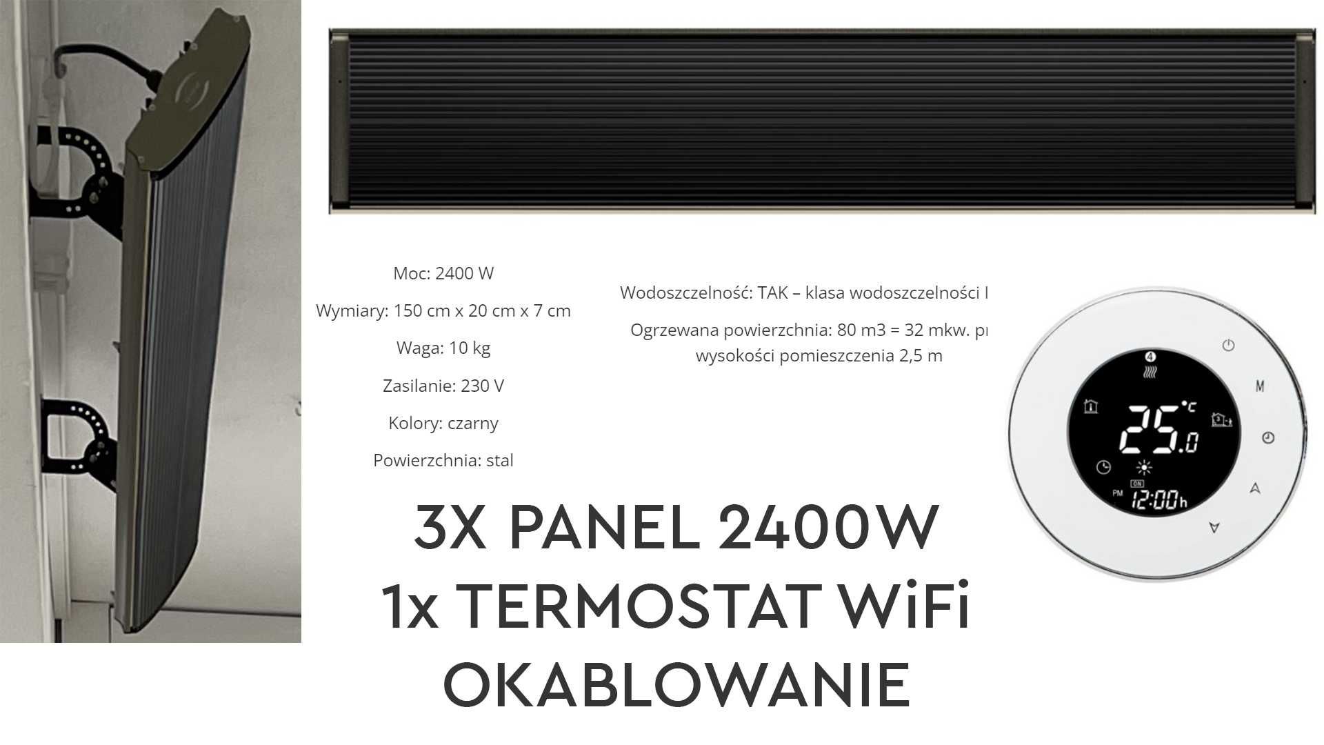 Panele Grzewcze NA PODCZERWIEŃ 2400W 3X (+termostat wifi) KABLE GRATIS