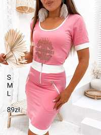 Różowy komplet sukienka cyrkonie Leola damska M