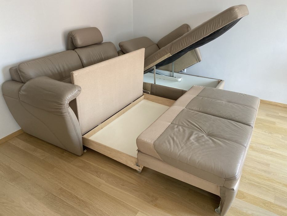 Narożnik skórzany z funkcją spania i pojemnikami – Agata Meble