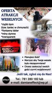 Ciężki dym (taniec w chmurach), fontanna iskier, kolorowe miny dymne,