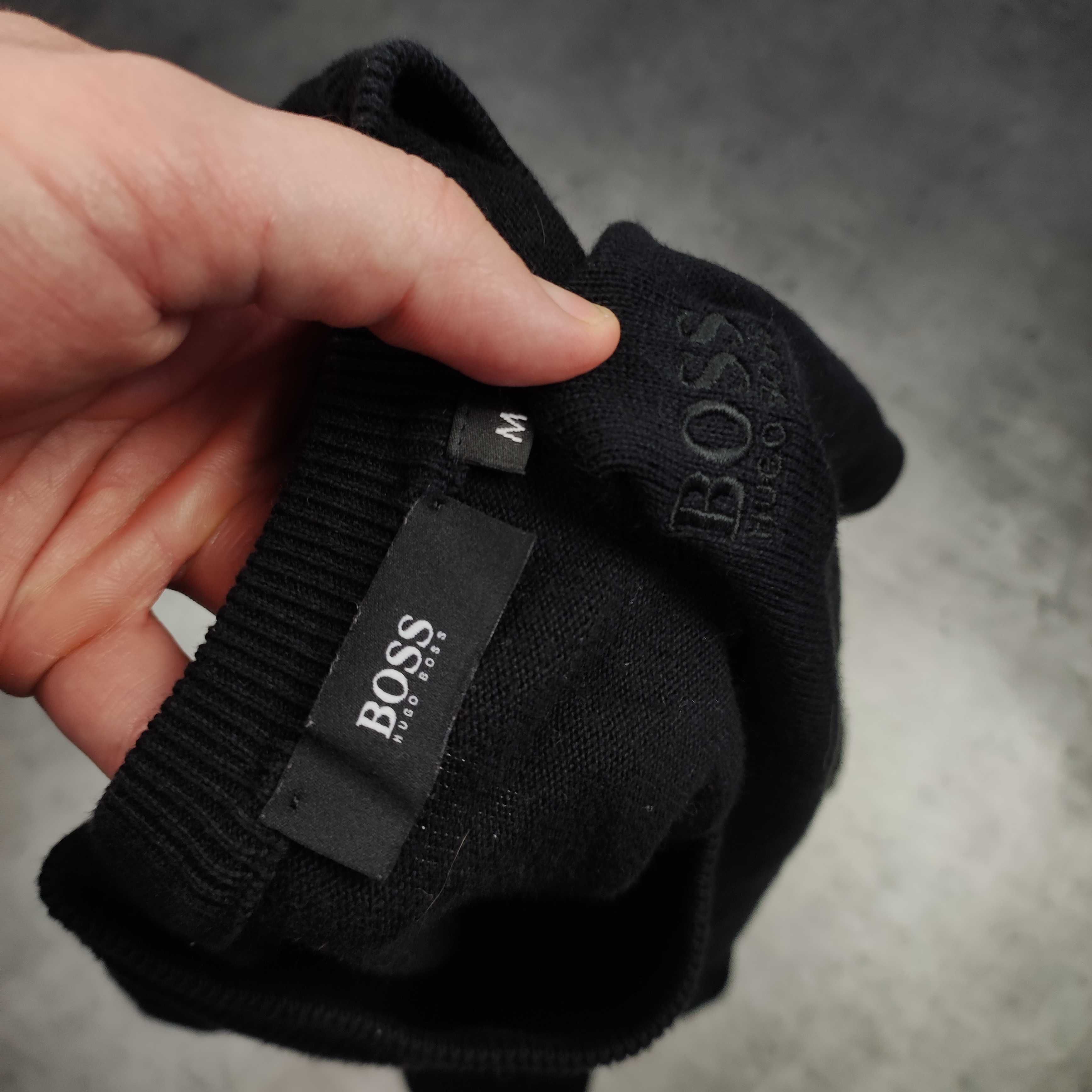 MĘSKI Elegancki Premium Sweter Czarny Kołnierzyk V Hugo Boss Haft Logo