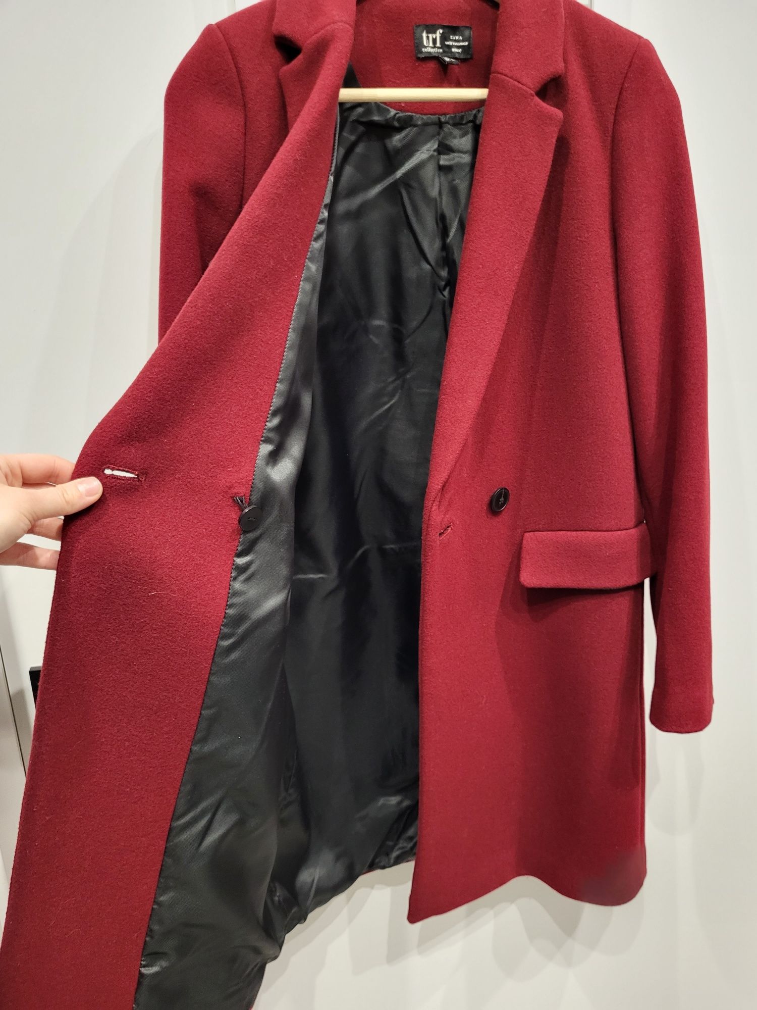 Płaszcz Zara 36 S klasyczny bordowy dzianinowy elegancki ciepły