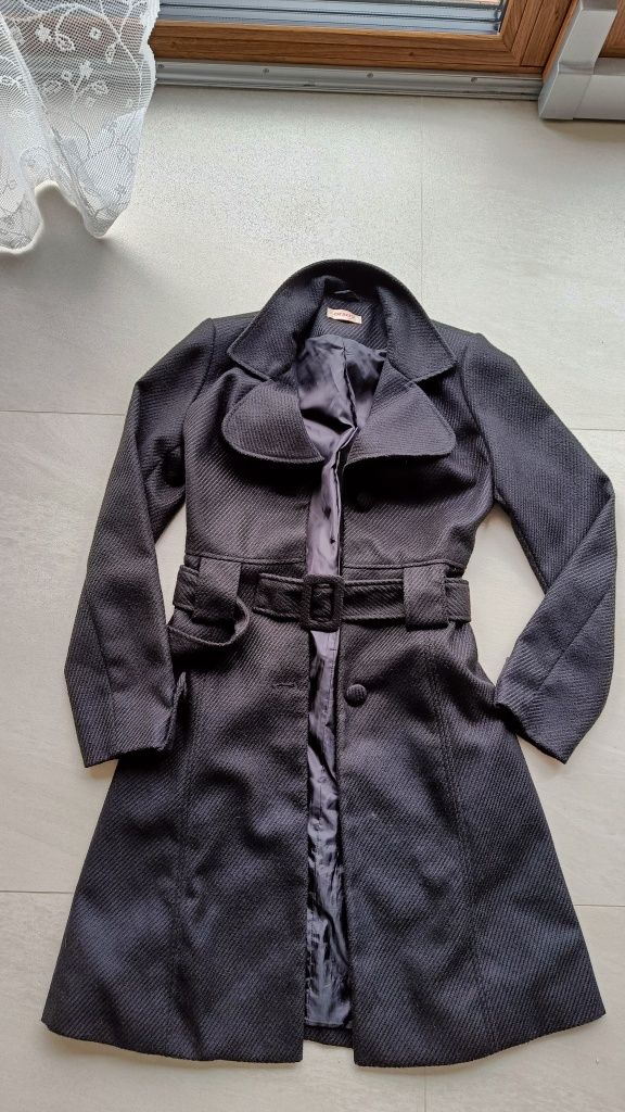 Płaszcz czarny Orsay 34 36 wiązany przejściowy