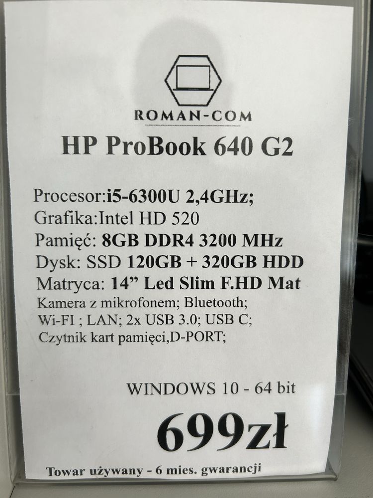 Laptop Poleasingowy HP640 G2 z SSD 120+320GB/i5 6300-2,4GHz/8GB DDR4