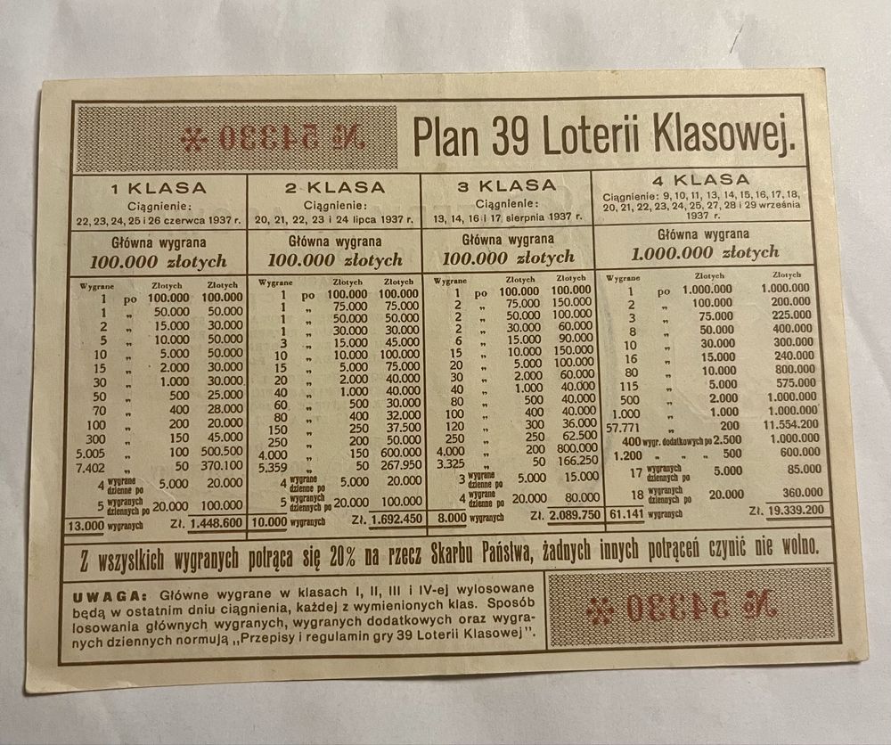 39 loteria klasowa 1937