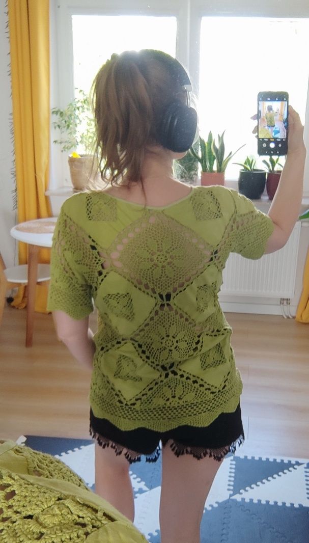 Top bluzka z krótkim rękawem szydełko zielony hippie Vintage S/M/L